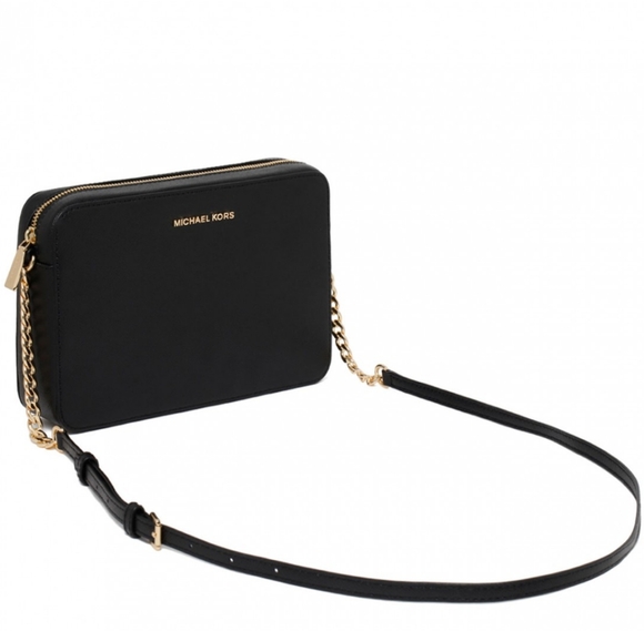 Michael Kors Jet Set Large Saffiano Leather Crossbody Bag Black New - Picture 1 of 16